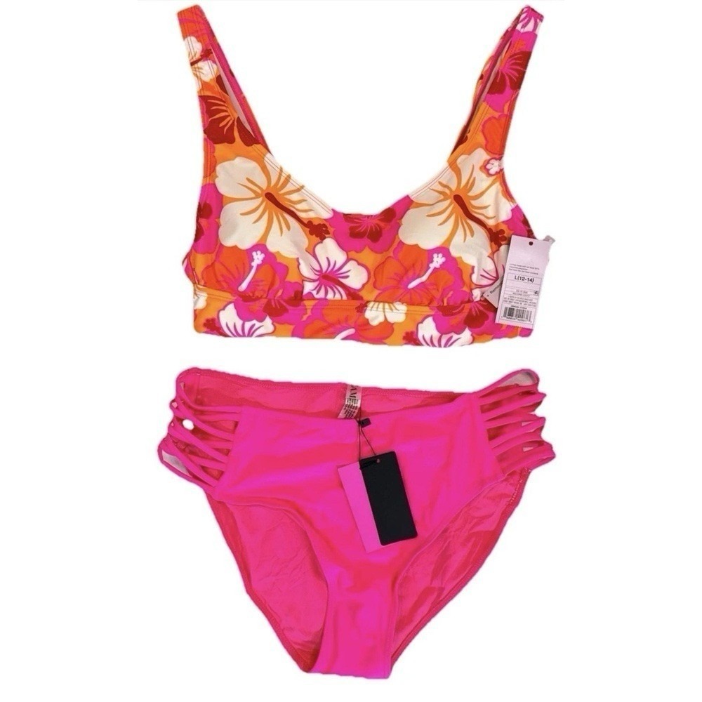 NWT Wild Fable Tropical Floral Bikini Swimsuit Top Womens L Pink w/Free Bottoms